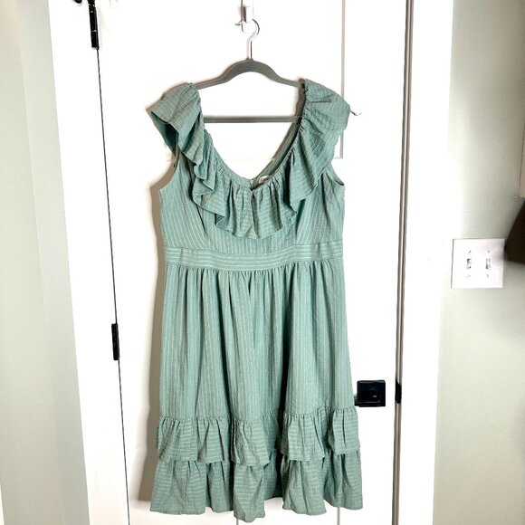 Calvin Klein Pistachio Green Textured Ruffle Fit & Flare Sundress V-Neck Size 14 - Picture 3 of 6